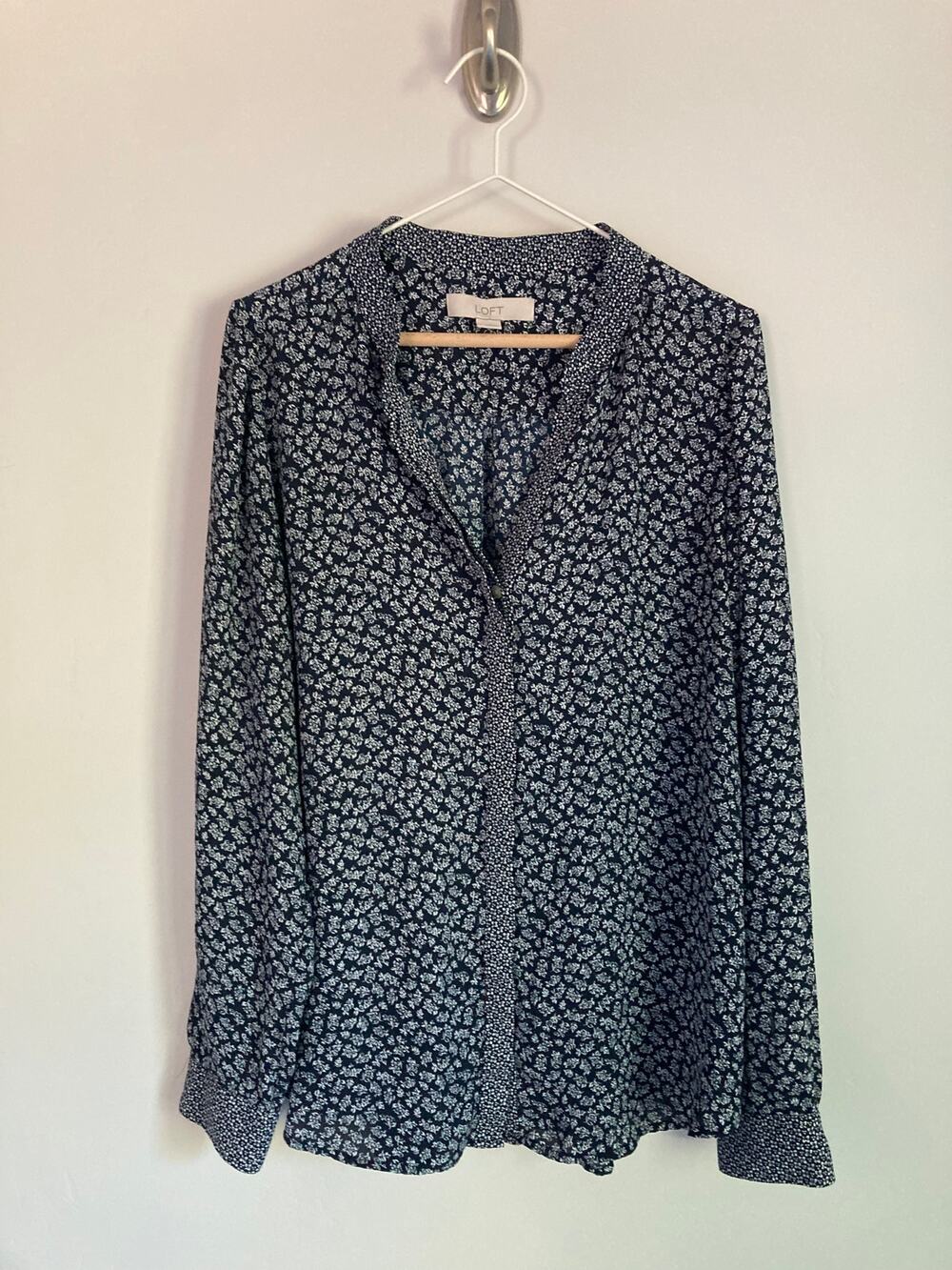 LOFT Navy Floral Blouse Long Sleeve Workwear Office Business Casual Top
